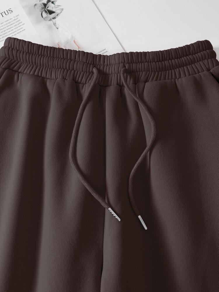 SHEIN Unity Solid Drawstring Waist Sweatpants - Chocolate Brown - View 3