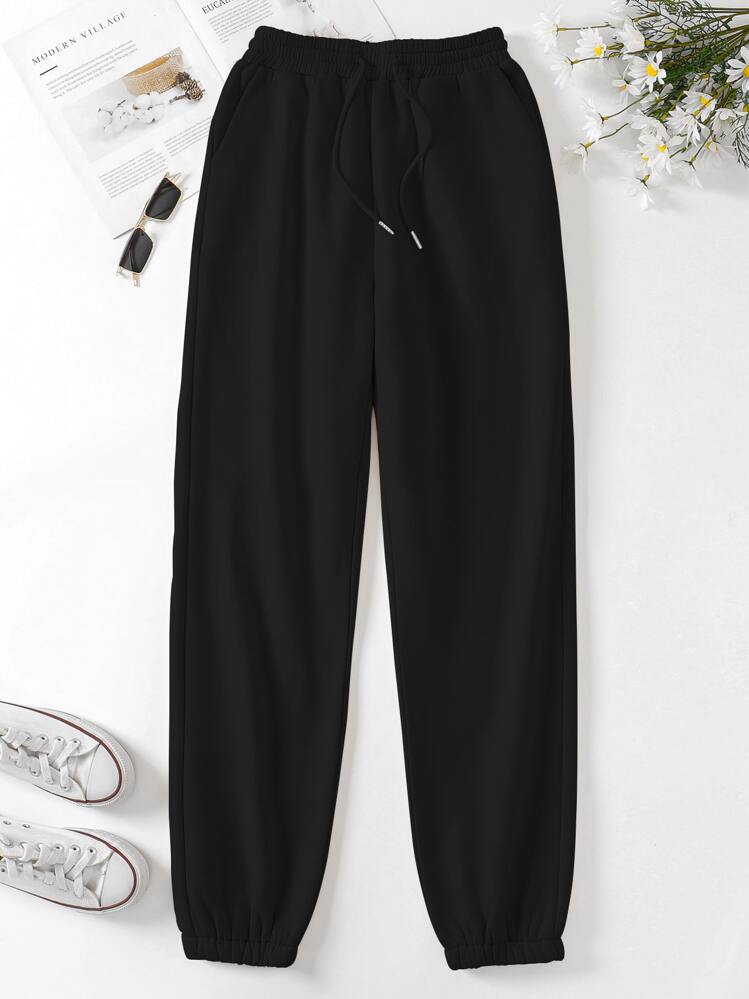 SHEIN Unity Solid Drawstring Waist Sweatpants - Black - View 1