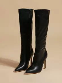 Thích hợp với corset, giày bốt cao đến đầu gối, mũi nhọn bằng da giả, khóa kéo, dành cho nữ vào mùa thu/đông, màu trơn, bốt dài ấm áp, gợi cảm, dự tiệc - màu đen - Xem 3