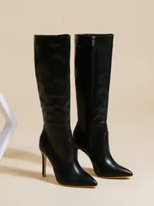 Thích hợp với corset, giày bốt cao đến đầu gối, mũi nhọn bằng da giả, khóa kéo, dành cho nữ vào mùa thu/đông, màu trơn, bốt dài ấm áp, gợi cảm, dự tiệc - màu đen - Xem 5