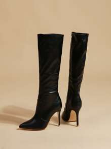 Thích hợp với corset, giày bốt cao đến đầu gối, mũi nhọn bằng da giả, khóa kéo, dành cho nữ vào mùa thu/đông, màu trơn, bốt dài ấm áp, gợi cảm, dự tiệc - màu đen - Xem 6