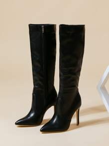 Thích hợp với corset, giày bốt cao đến đầu gối, mũi nhọn bằng da giả, khóa kéo, dành cho nữ vào mùa thu/đông, màu trơn, bốt dài ấm áp, gợi cảm, dự tiệc - màu đen - Xem 7
