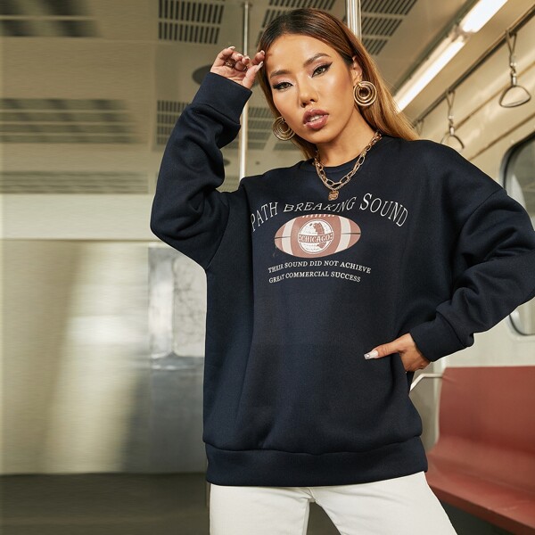 

Letter & Graphic Print Drop Shoulder Sweatshirt, Black