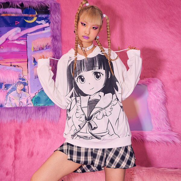

Figure Graphic Drawstring Oversized Hoodie, White