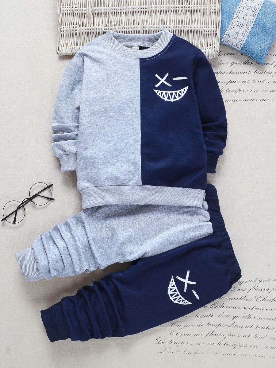 SHEIN Sudadera Y Pantalones Deportivos Con Estampado De Caricaturas De Niño Joven De Dos Tonos - Multicolor - Ver 1