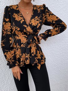 印花荷葉袖腰帶襯衫 - 彩色 - 查看 1