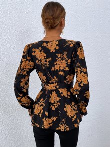 印花荷葉袖腰帶襯衫 - 彩色 - 查看 2