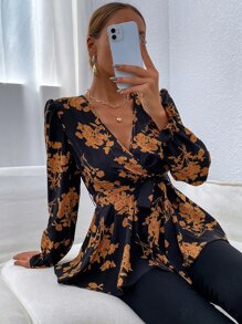 印花荷葉袖腰帶襯衫 - 彩色 - 查看 3