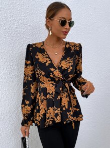 印花荷葉袖腰帶襯衫 - 彩色 - 查看 6