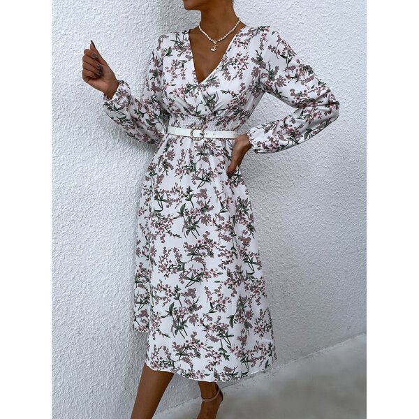 

Floral Print Shirred Waist Lantern Sleeve Dress Without Belt, Multicolor