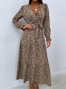 SHEIN Clasi Dalmatian Print Flounce Sleeve Overlap Collar Ruffle Hem Belted Dress Maxi Women Outfit - Khaki - View 3