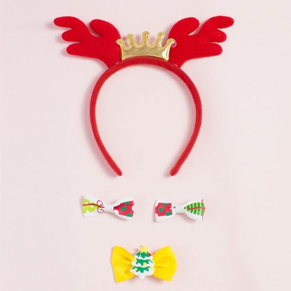

Toddler Girls Christmas Antlers Decor Headband & 3pcs Bow Decor Hair Clip, Multicolor