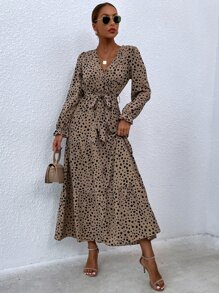 SHEIN Clasi Dalmatian Print Flounce Sleeve Overlap Collar Ruffle Hem Belted Dress Maxi Women Outfit - Khaki - View 4