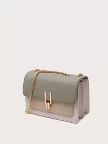 Colour Block Flap Chain Shoulder Bag - Green - View 2