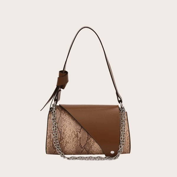 

Snakeskin Pattern Chain Decor Square Bag, Brown