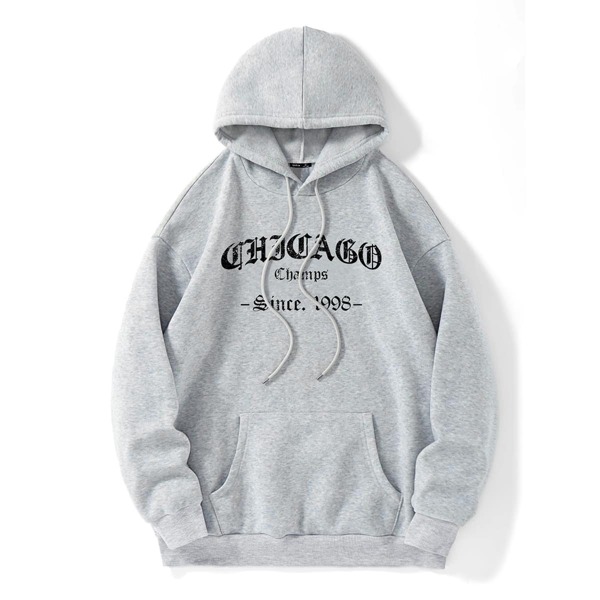 

Letter Graphic Kangaroo Pocket Drawstring Thermal Hoodie, Grey