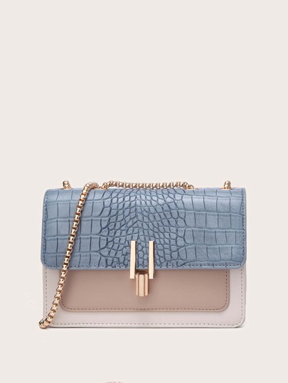 حقيبة كتف نسائية بنمط تمساح مع الغطاء والسلسلة، يمكن ارتداؤها على الكتف أو كحقيبة على الجسم، موضة وبساطة، تباين الألوان، محمولة للفتاة، والمرأة والنساء، المبتدئين والعاملين البيض والياقات البيضاء في الشركات، عليها حقيبة هدايا، مثالية للمكتب، العمل، الأعمال، الانتقال