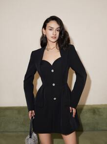 Spring/Summer Women Elegant Sweetheart Neck Solid Color Dress, Old Money Style Short Dress, Business Casual Women Vacation Outfits - Black - View 3