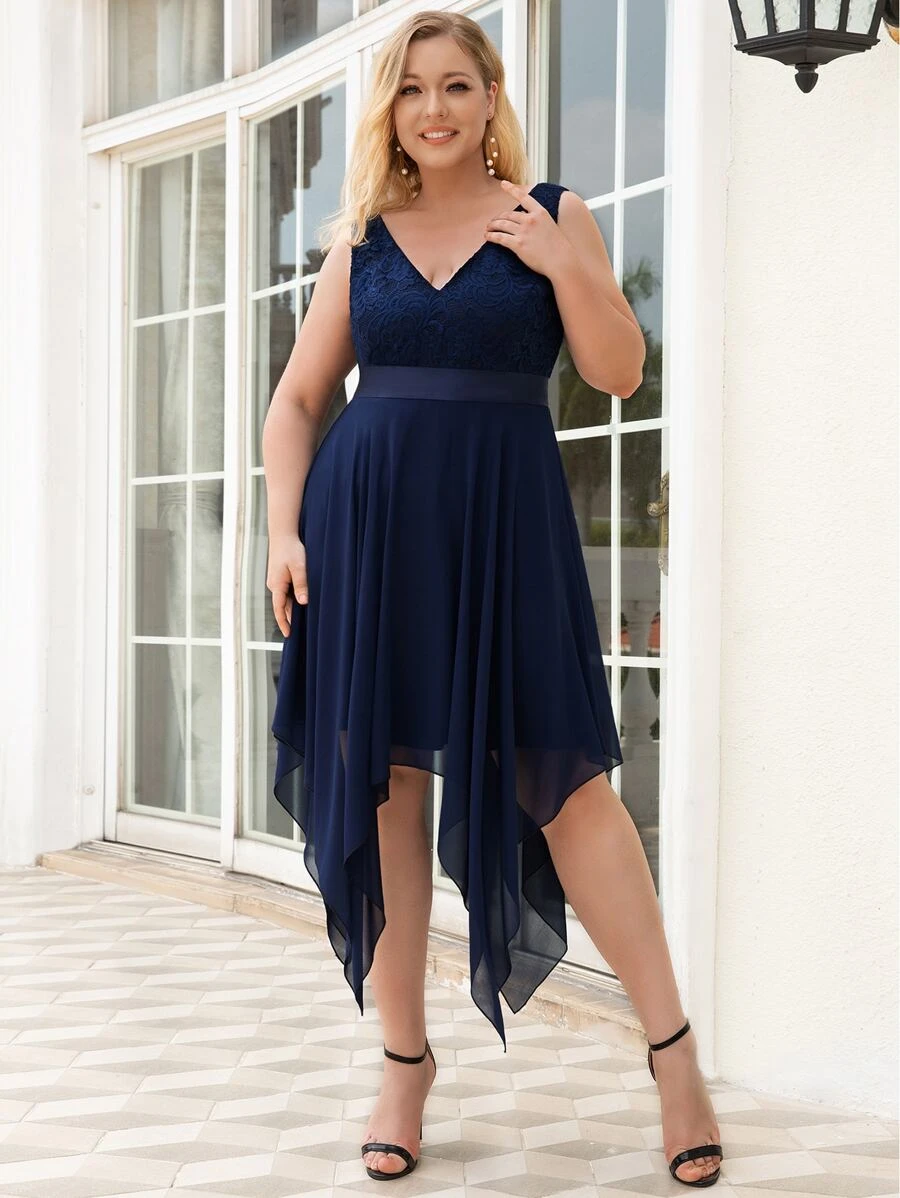 EVERPRETTY Plus Contrast Lace Asymmetrical Hem Party Dress - Navy Blue - View 1