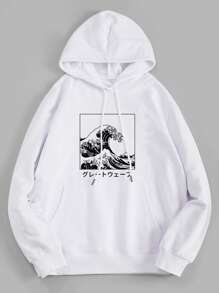 ROMWE MEN 休閒抽繩 口袋繪圖男士運動衫 - 白色 - 查看 1