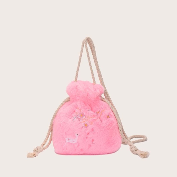 

Cartoon Graphic Drawstring Design Fuzzy Bucket Bag, Pink