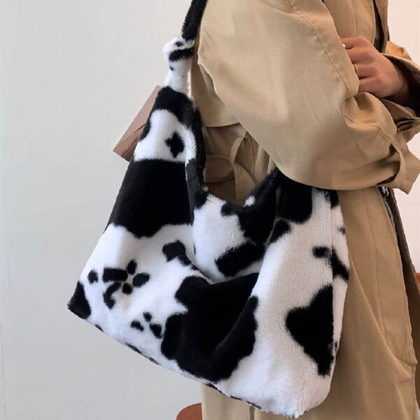 

Cow Print Fluffy Shoulder Bag, Black and white