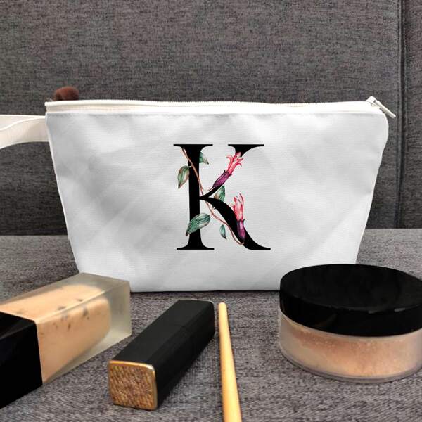 

Letter Graphic Zipper Makeup Bag, White
