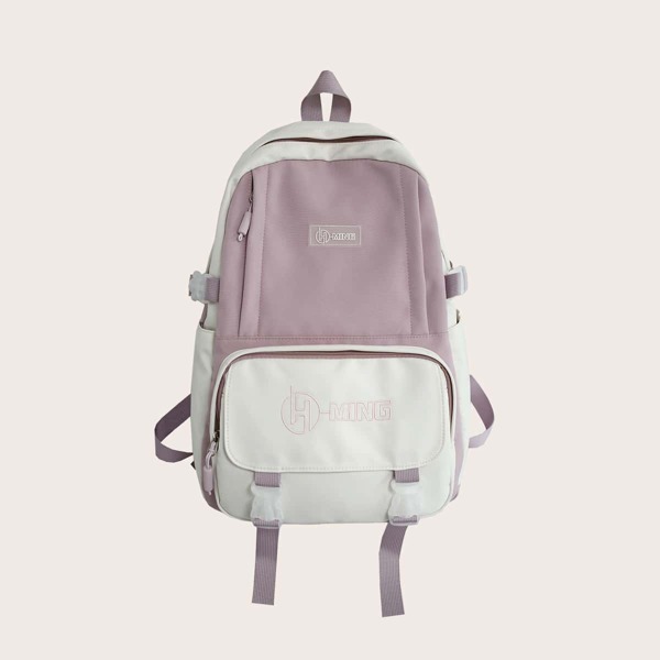 

Two Tone Letter Patch Release Buckle Decor School Bag, Purple