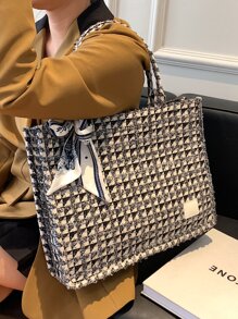 絲巾裝飾格紋圖案手提托特包 - 彩色 - 查看 1