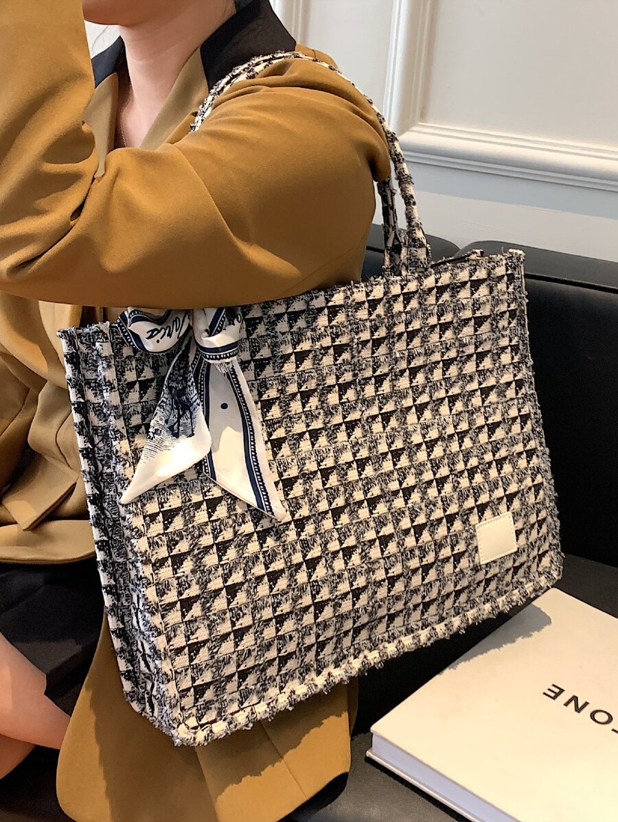 絲巾裝飾格紋圖案手提托特包 - 彩色 - 查看 1