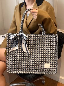 絲巾裝飾格紋圖案手提托特包 - 彩色 - 查看 2