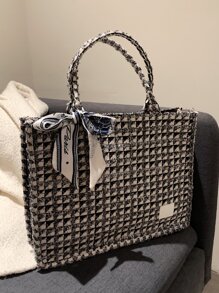 絲巾裝飾格紋圖案手提托特包 - 彩色 - 查看 3