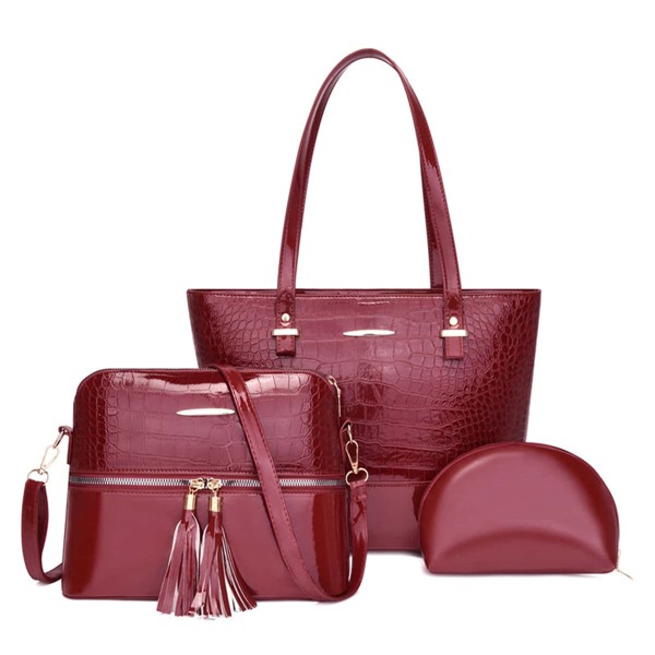 

3pcs Crocodile Embossed Shoulder Tote Bag Set, Red