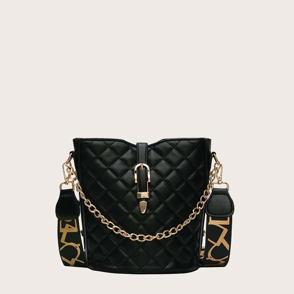 

Quilted Pattern Chain Bucket Bag, Black