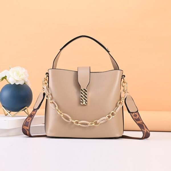 

Turn Lock Chain Decor Bucket Bag, Khaki
