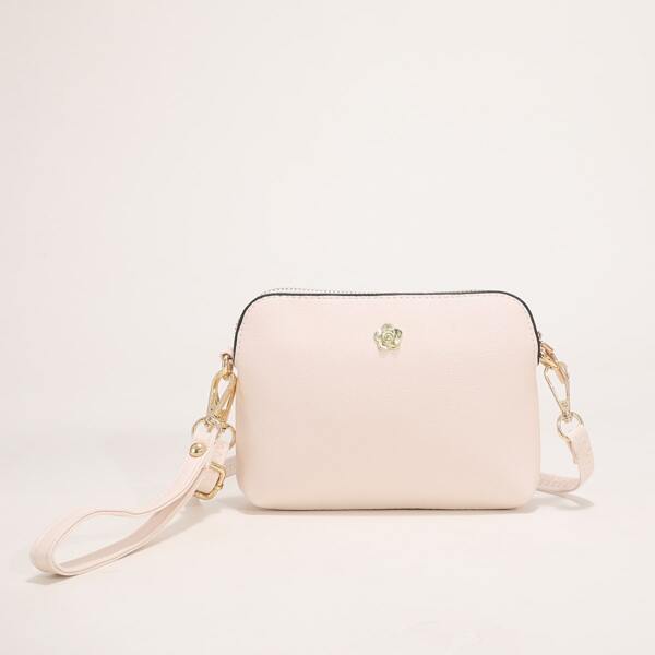 

Metallic Flower Decor Square Bag, Beige