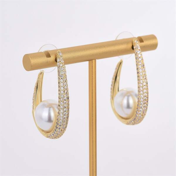 

18K Gold Plated Zircon & Faux Pearl Decor Earrings