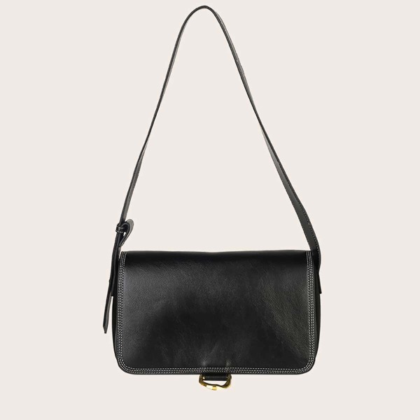 

Metal Decor Flap Baguette Bag, Black