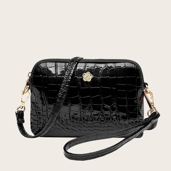 

Metal Decor Crocodile Embossed Dome Bag, Black