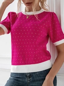 Knit Mix Ditsy Floral Pattern Puff Sleeve Knit Top - Hot Pink - View 8
