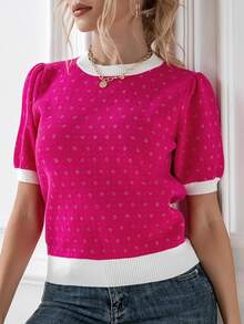 Knit Mix Ditsy Floral Pattern Puff Sleeve Knit Top - Hot Pink - View 9
