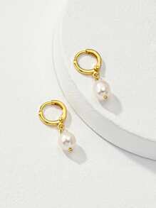 Natural Faux Pearl  Drop Earrings - Yellow Gold - View 1
