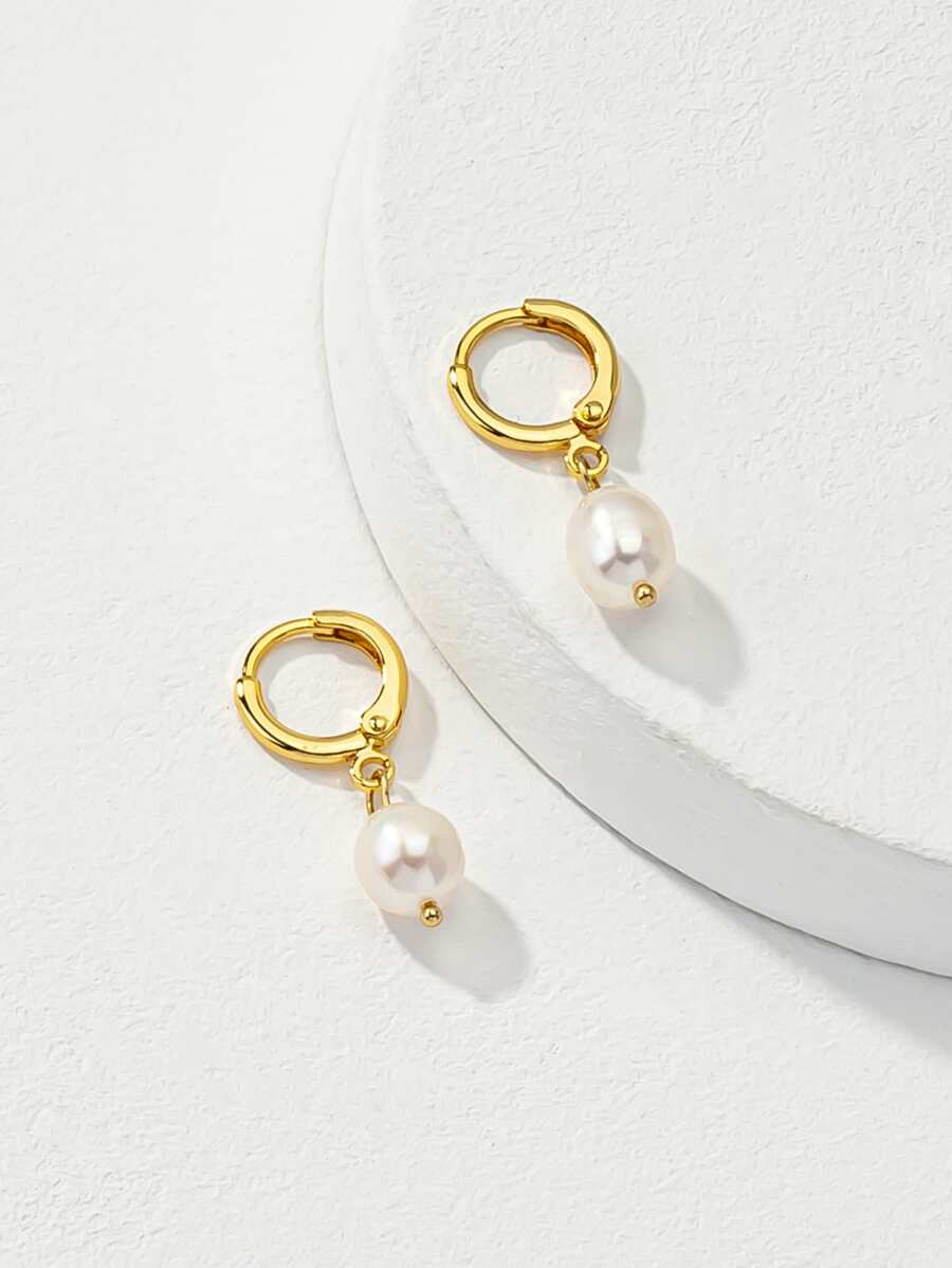 Natural Faux Pearl  Drop Earrings - Yellow Gold - View 1