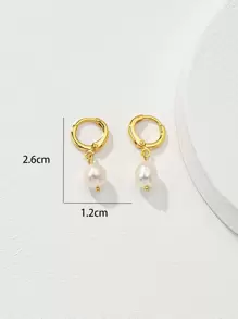 Natural Faux Pearl  Drop Earrings - Yellow Gold - View 2