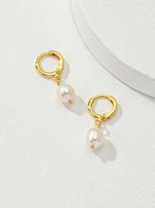 Natural Faux Pearl  Drop Earrings - Yellow Gold - View 3