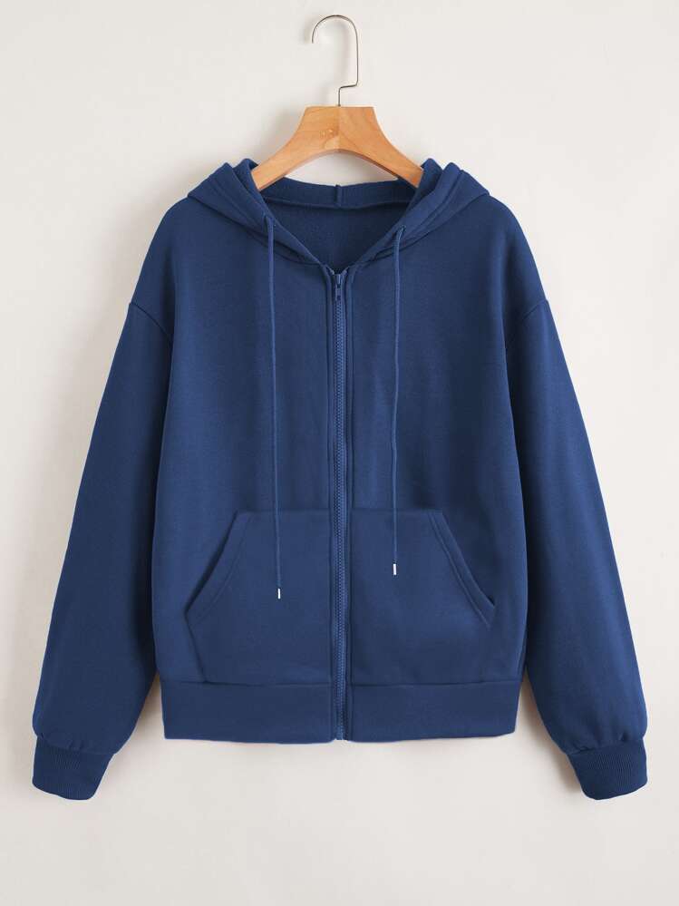 SHEIN Unity Zip Up Drop Shoulder Drawstring Hoodie - Dusty Blue - View 1