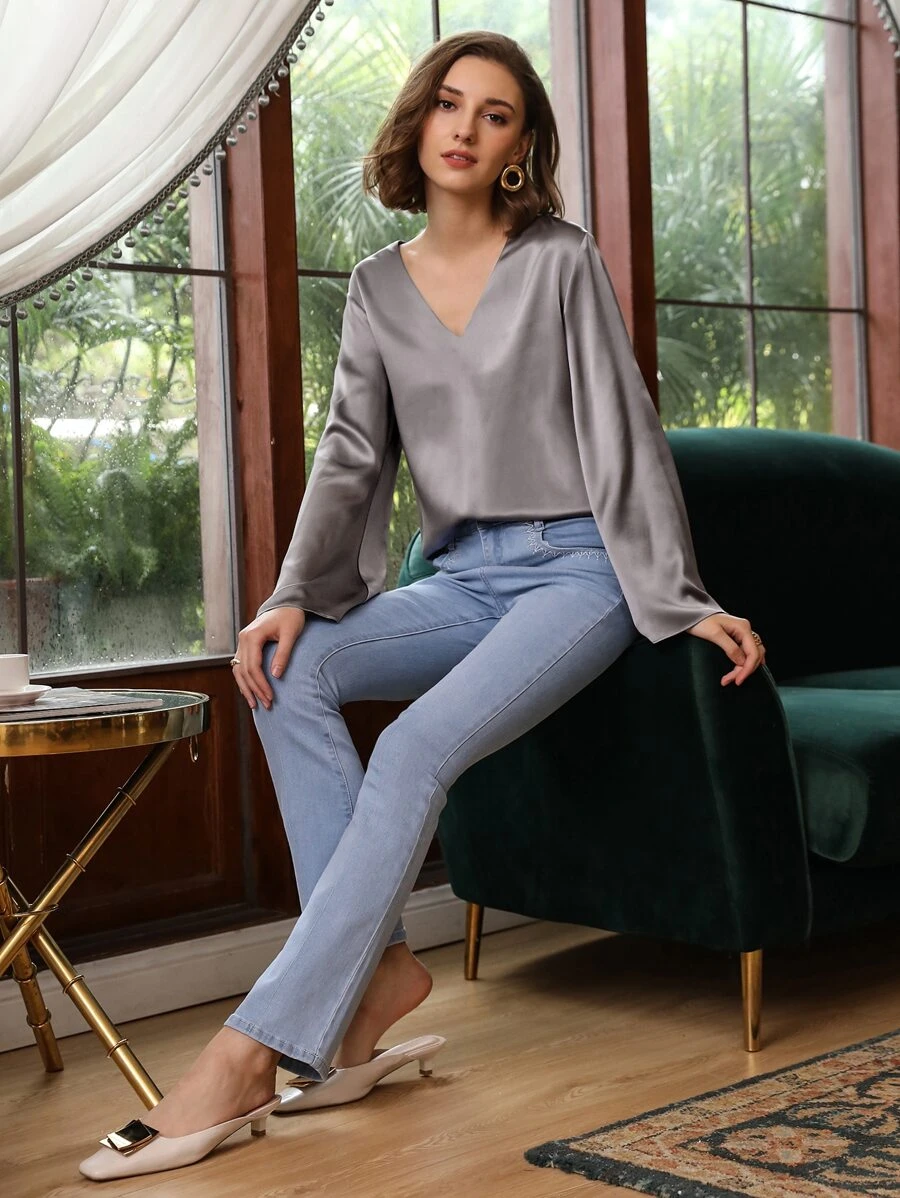 MOTF PREMIUM 100% SILK BELL SLEEVE TOP - Grey - View 1