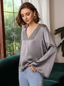MOTF PREMIUM 100% SILK BELL SLEEVE TOP - Grey - View 5