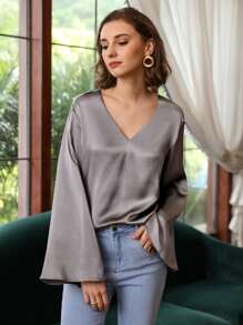 MOTF PREMIUM 100% SILK BELL SLEEVE TOP - Grey - View 6