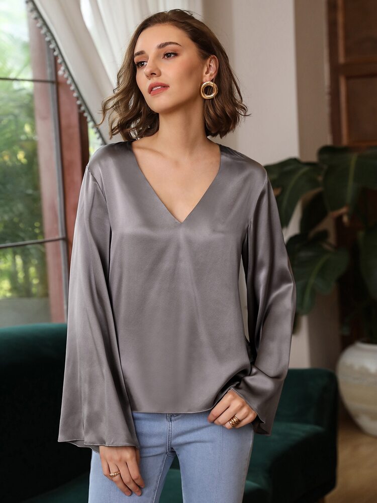 MOTF PREMIUM Top de manga campana 100% sedoso - Gris - Añade 8